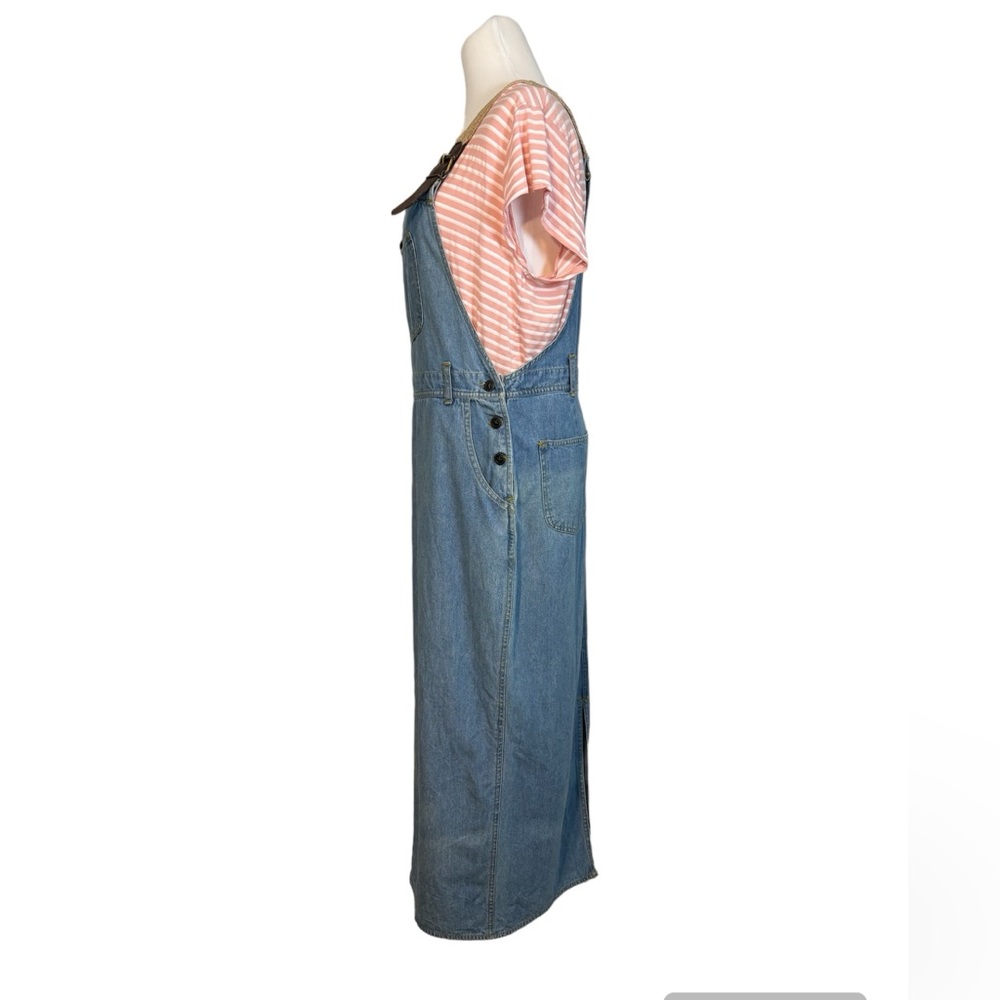 Vintage 80’s Cotton Blue Denim Overall Buckle Midi Sheath Jumper Dress- Large - Picture 2 of 8